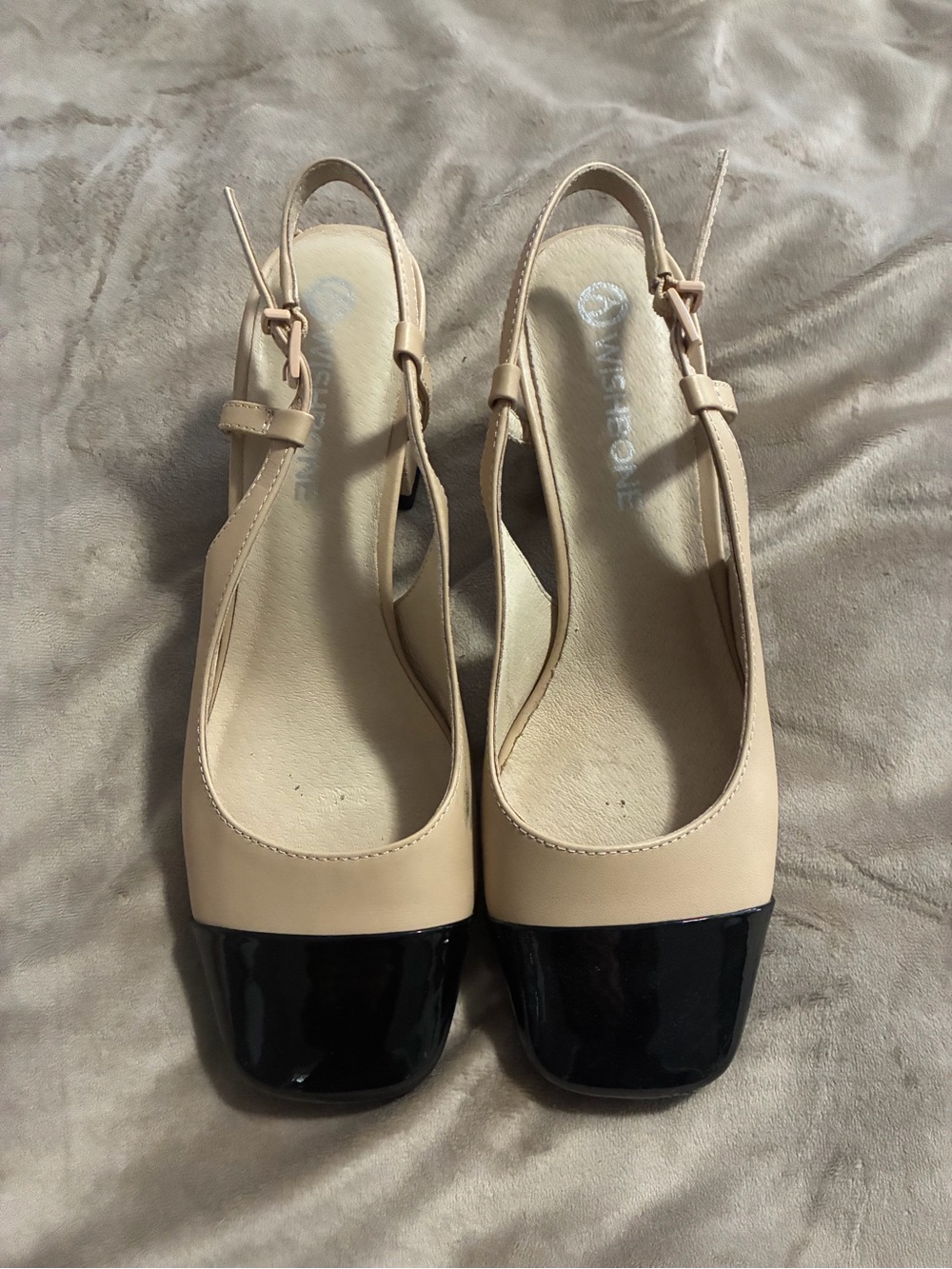 Two-Tone Wishbone Slingback Pumps in Beige and Black - Women Shoes